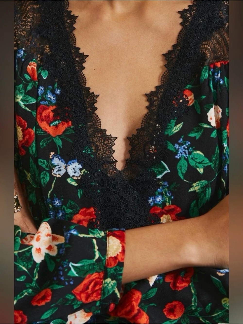 Anthropologie Black Floral Lace-Trim Long Sleeve Dress - Picture 2 of 8